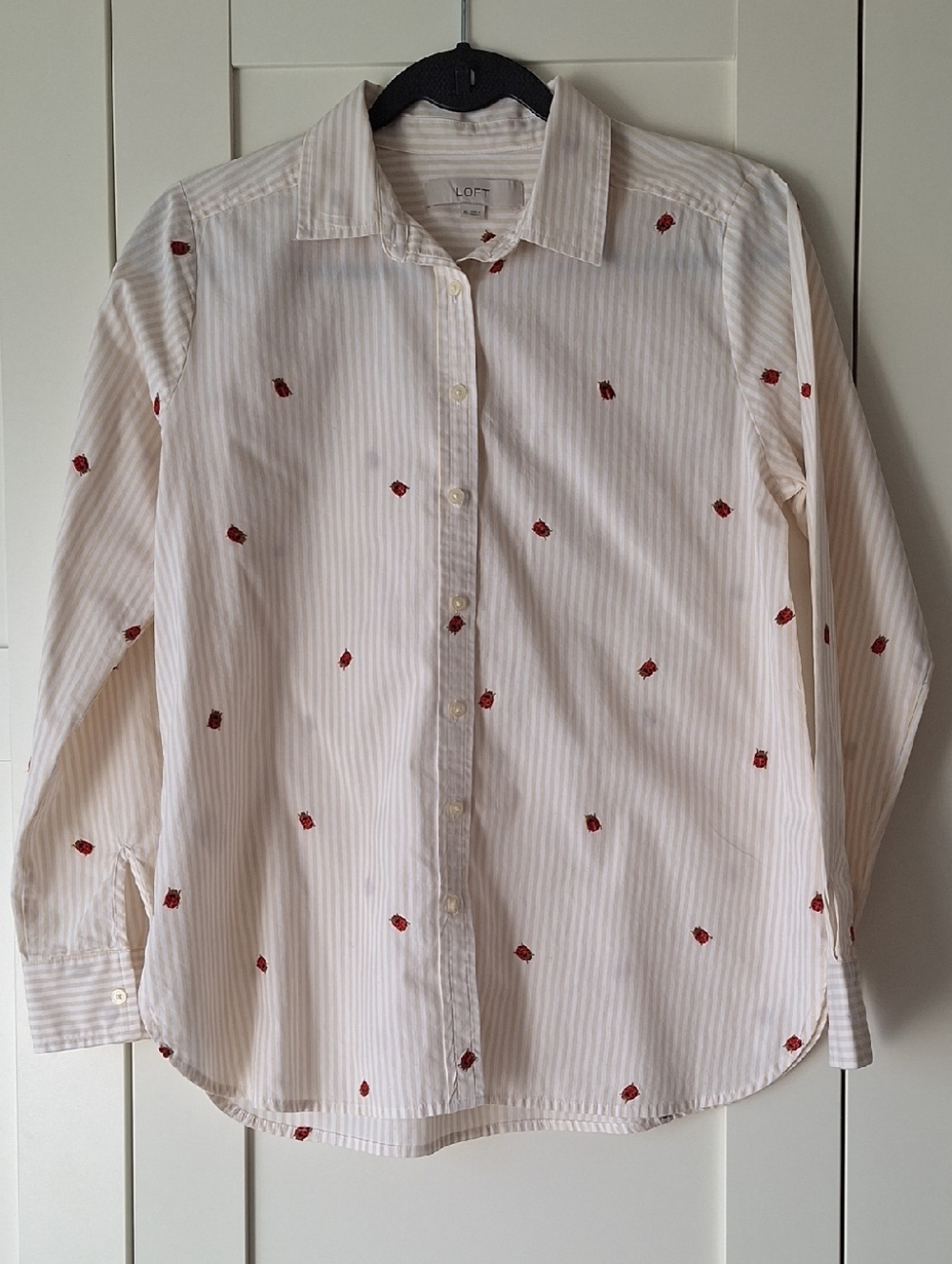 LOFT Cream Striped Button-Down Shirt with Red Ladybugs Embroidery